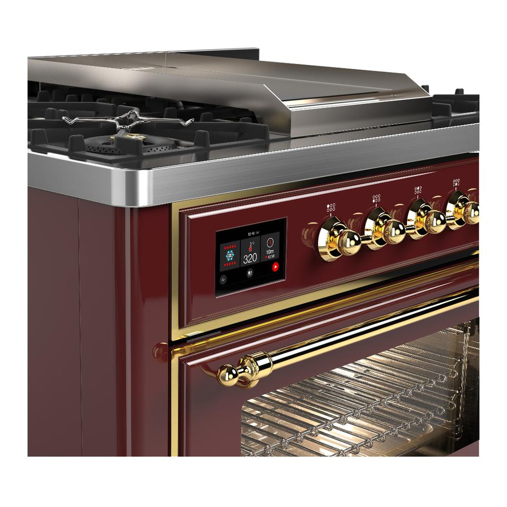ILVE UM36FNR3BUG Majestic III 36 inch Dual Fuel Range with 6 Black Brass Burners and Griddle, Dual Function Burner up to 25,000 BTU (Triple Glass Door, Burgundy, Brass, Natural Gas)