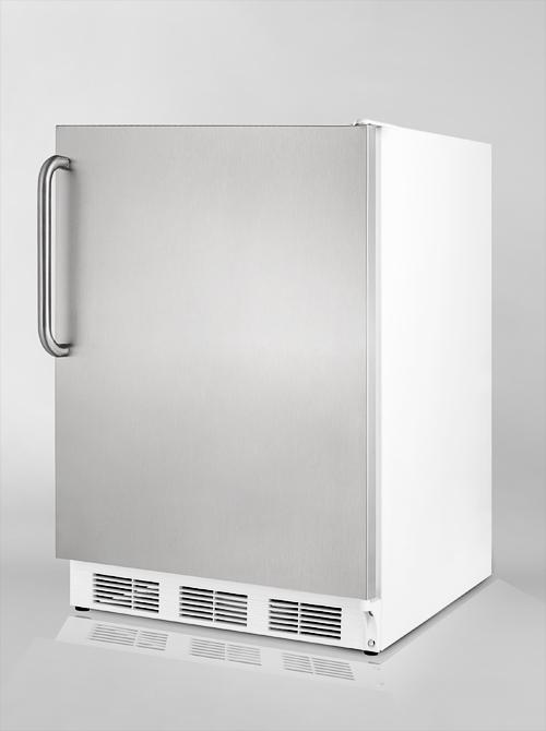 Freestanding refrigerator-freezer with cycle defrost, white cabinet, stainless steel door, and towel bar handle