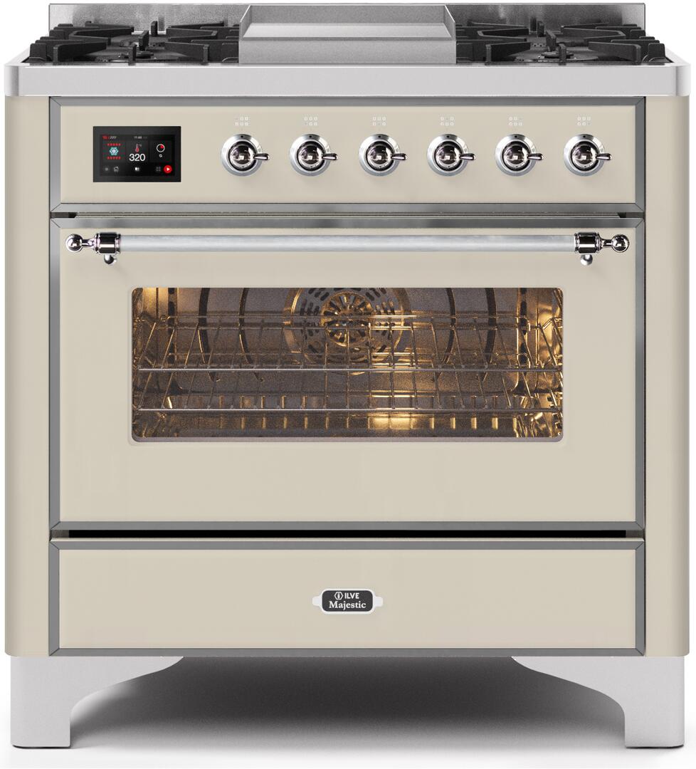 Majestic II 36 Inch Dual Fuel Natural Gas Freestanding Range in Antique White with Chrome Trim