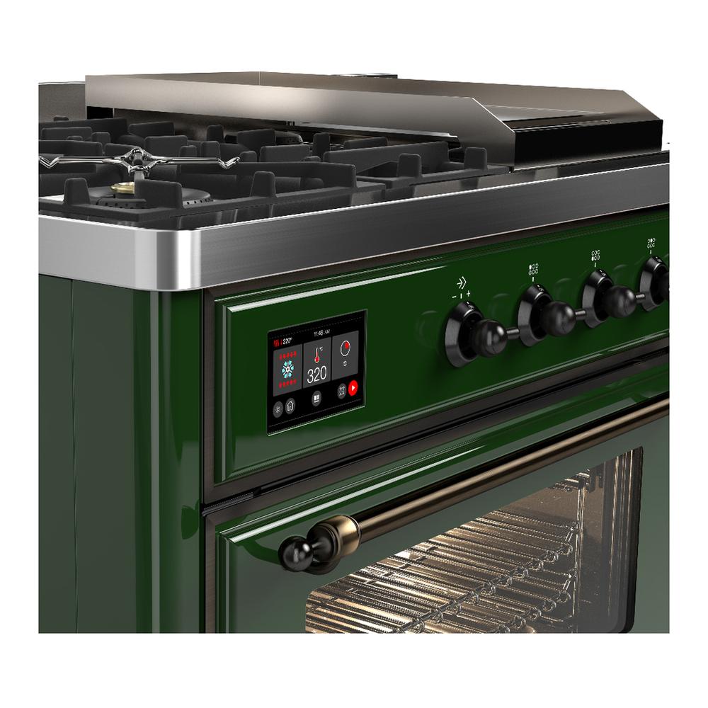 ILVE UM48FSNR3EGB Majestic III 48 inch Dual Fuel Range with 5 Black Brass Burners, Griddle and French Top, Dual Function Burner up to 25,000 BTU (Natural Gas, Triple Glass Door, Emerald Green, Burnished)