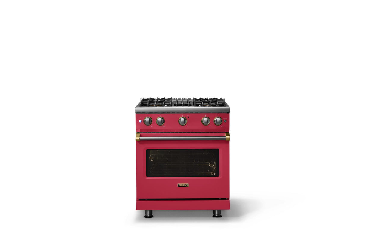 30"W. Sealed Burner Gas Range (Finish: Valentine, Trim: Brushed Brass, Fuel: Natural Gas)