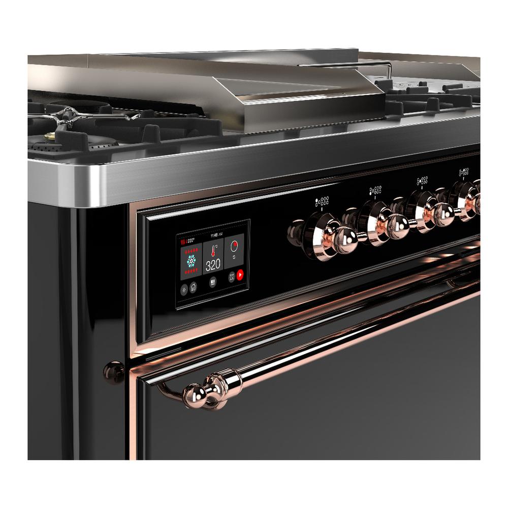 ILVE UM60FSQNR3BKPLP Majestic III 60 inch Dual Fuel Range with 7 Burners, Griddle and French Top, Dual Function Burner with up to 25,000 BTU (Liquid Propane, Solid Door, Glossy Black, Copper)