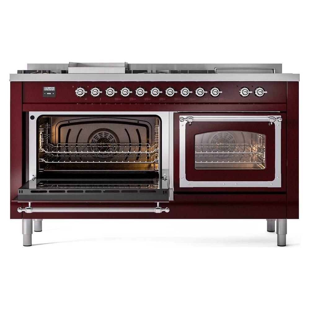 ILVE UN60FSNMPBUCLP Nostalgie II Noblesse 60 inch Dual Fuel Range (7 Sealed Burners + Griddle + French Top, Liquid Propane, Triple Glass Door, Burgundy, Chrome)