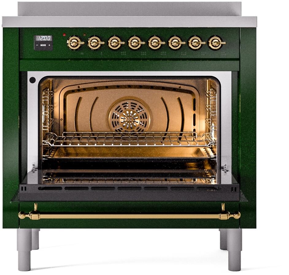 Nostalgie II 36 Inch Electric Freestanding Range in Emerald Green with Brass Trim