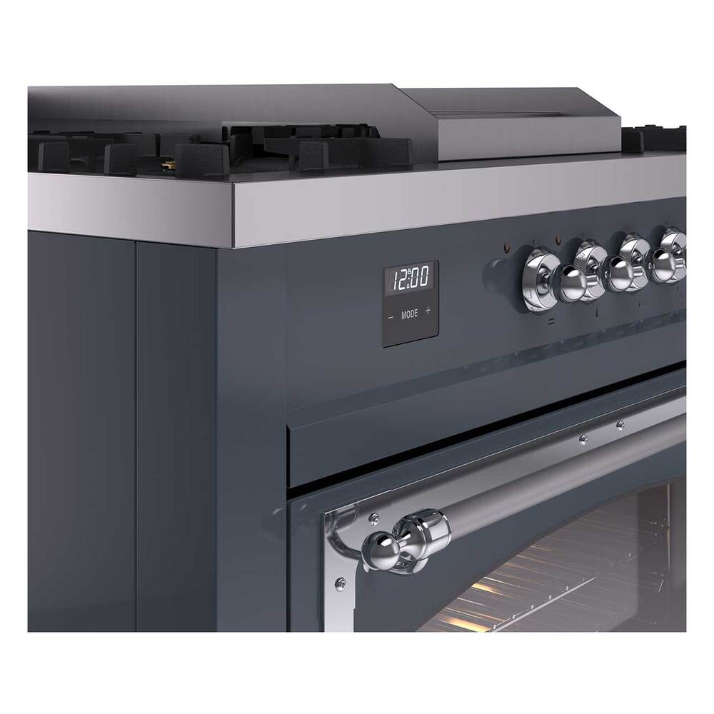 ILVE UN60FSNMPBGC Nostalgie II Noblesse 60 inch Dual Fuel Range (7 Sealed Burners + Griddle + French Top, Natural Gas, Triple Glass Door, Blue Grey, Chrome)