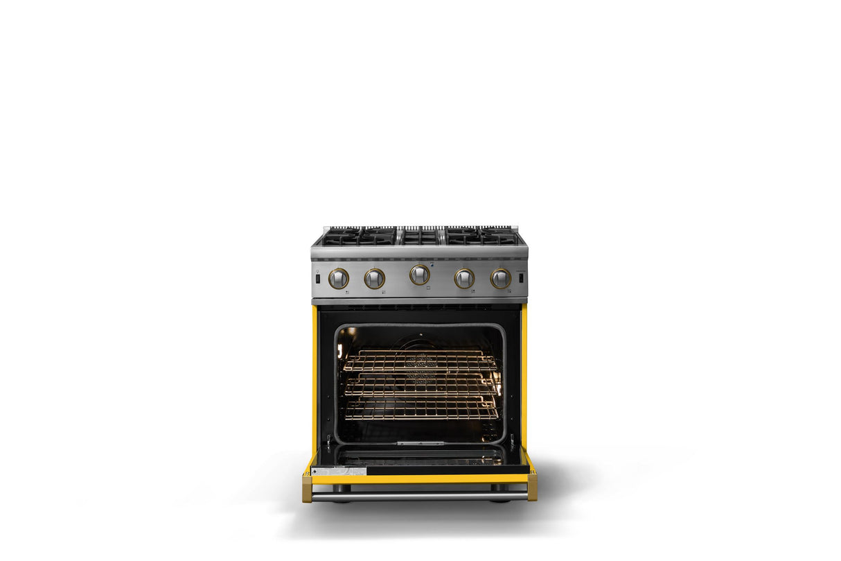 30"W. Open Burner Gas Range (Finish: Daffodil, Trim: Brushed Brass, Fuel: Natural Gas)