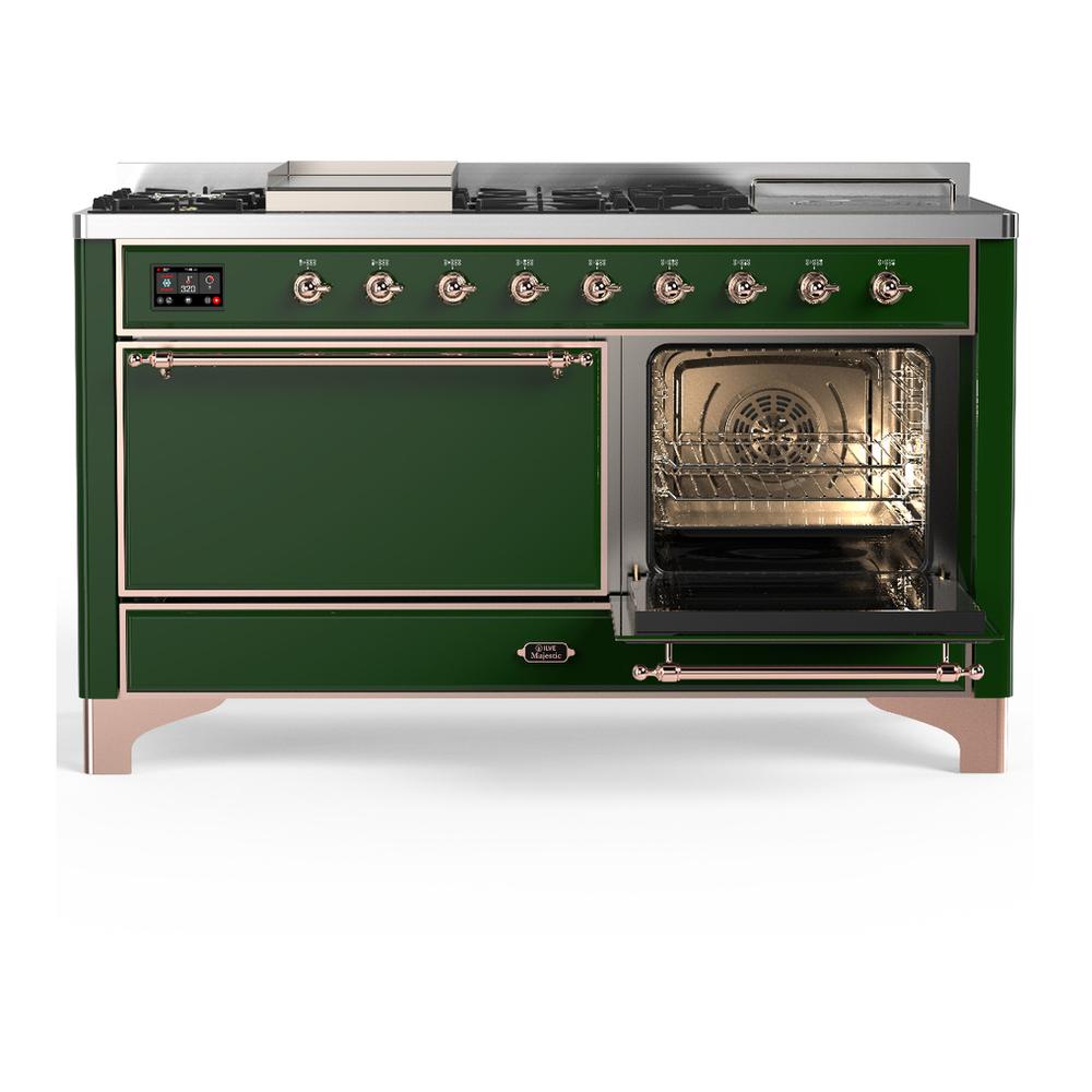 ILVE UM60FSQNR3EGPLP Majestic III 60 inch Dual Fuel Range with 7 Burners, Griddle and French Top, Dual Function Burner with up to 25,000 BTU (Liquid Propane, Solid Door, Emerald Green, Copper)