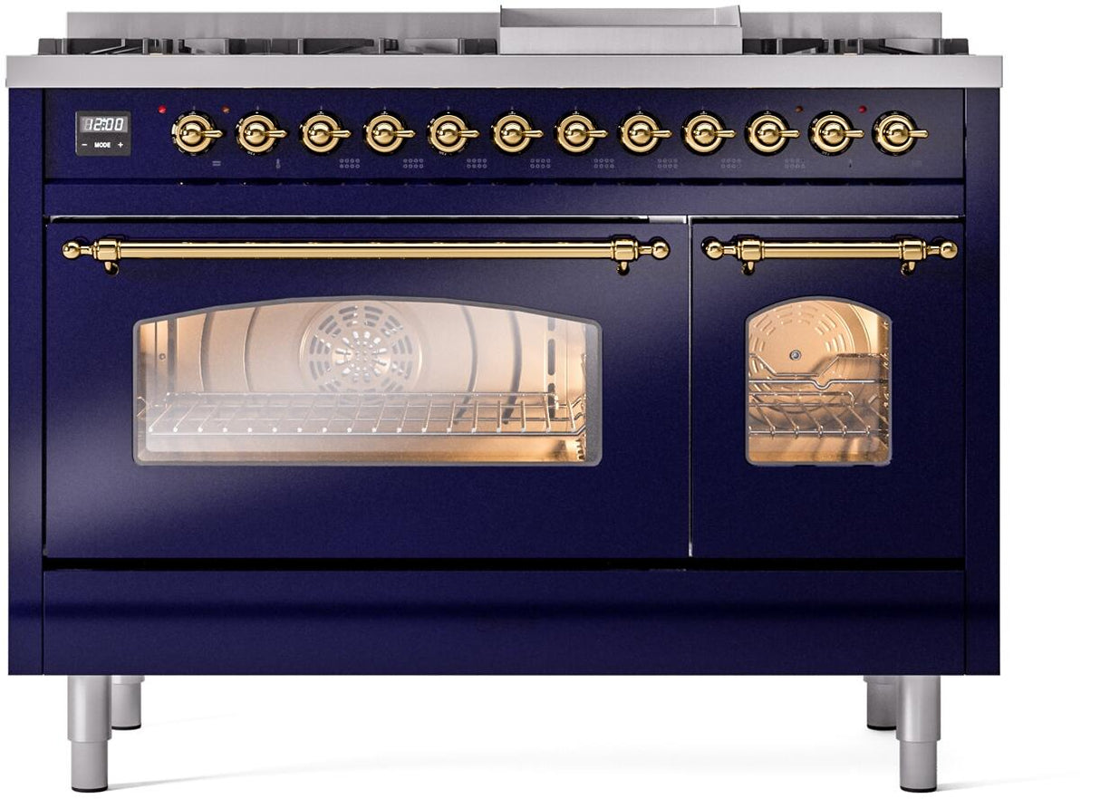Nostalgie II 48 Inch Dual Fuel Natural Gas Freestanding Range in Blue with Brass Trim