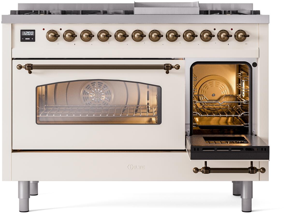 Nostalgie II 48 Inch Dual Fuel Liquid Propane Freestanding Range in Antique White with Bronze Trim