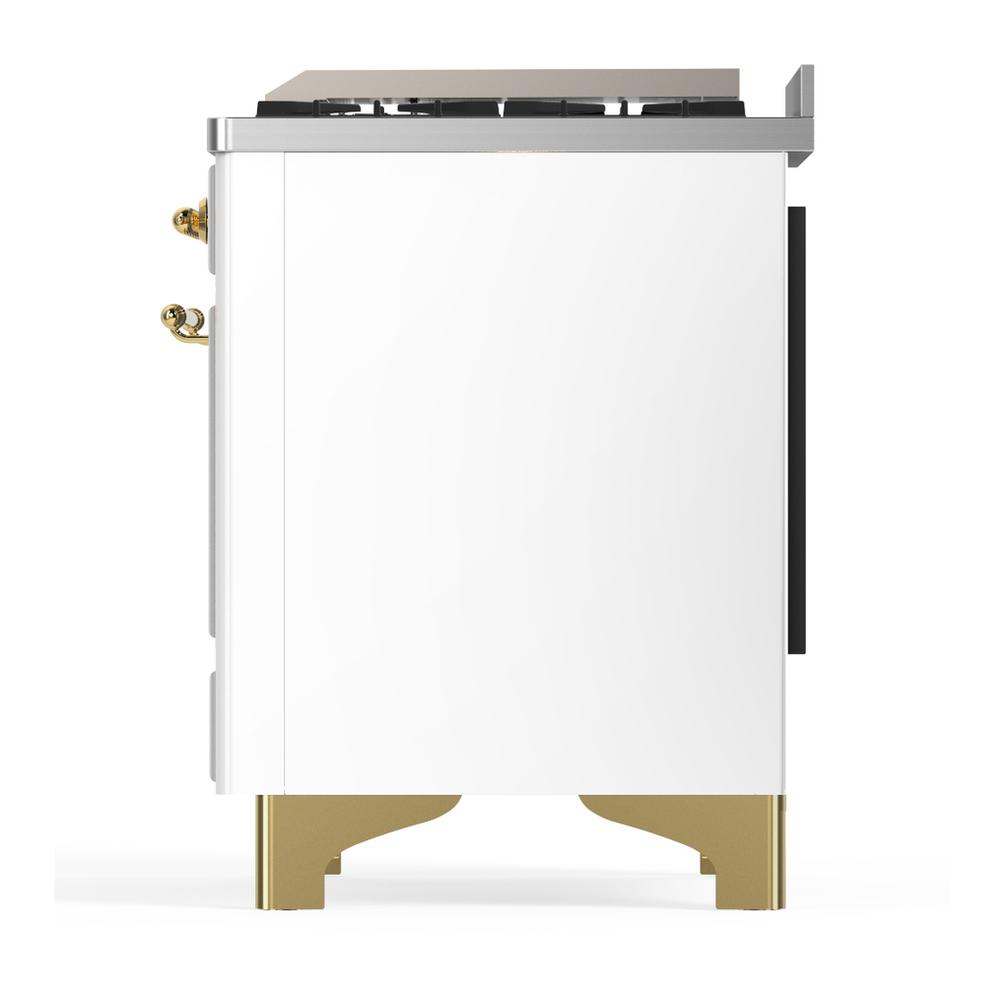 ILVE UM60FSQNR3WHGLP Majestic III 60 inch Dual Fuel Range with 7 Burners, Griddle and French Top, Dual Function Burner with up to 25,000 BTU (Liquid Propane, Solid Door, White, Brass)