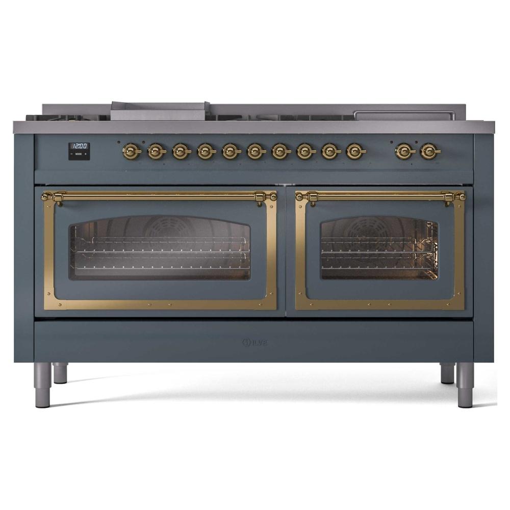 ILVE UN60FSNMPBGG Nostalgie II Noblesse 60 inch Dual Fuel Range (7 Sealed Burners + Griddle + French Top, Natural Gas, Triple Glass Door, Blue Grey, Brass)