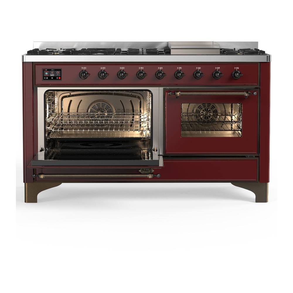 ILVE UM60FNR3BUB Majestic III 60 inch Dual Fuel Range with 9 Burners and Griddle, Dual Function Burner up to 25,000 BTU (Natural Gas, Triple Glass Door, Burgundy, Burnished)