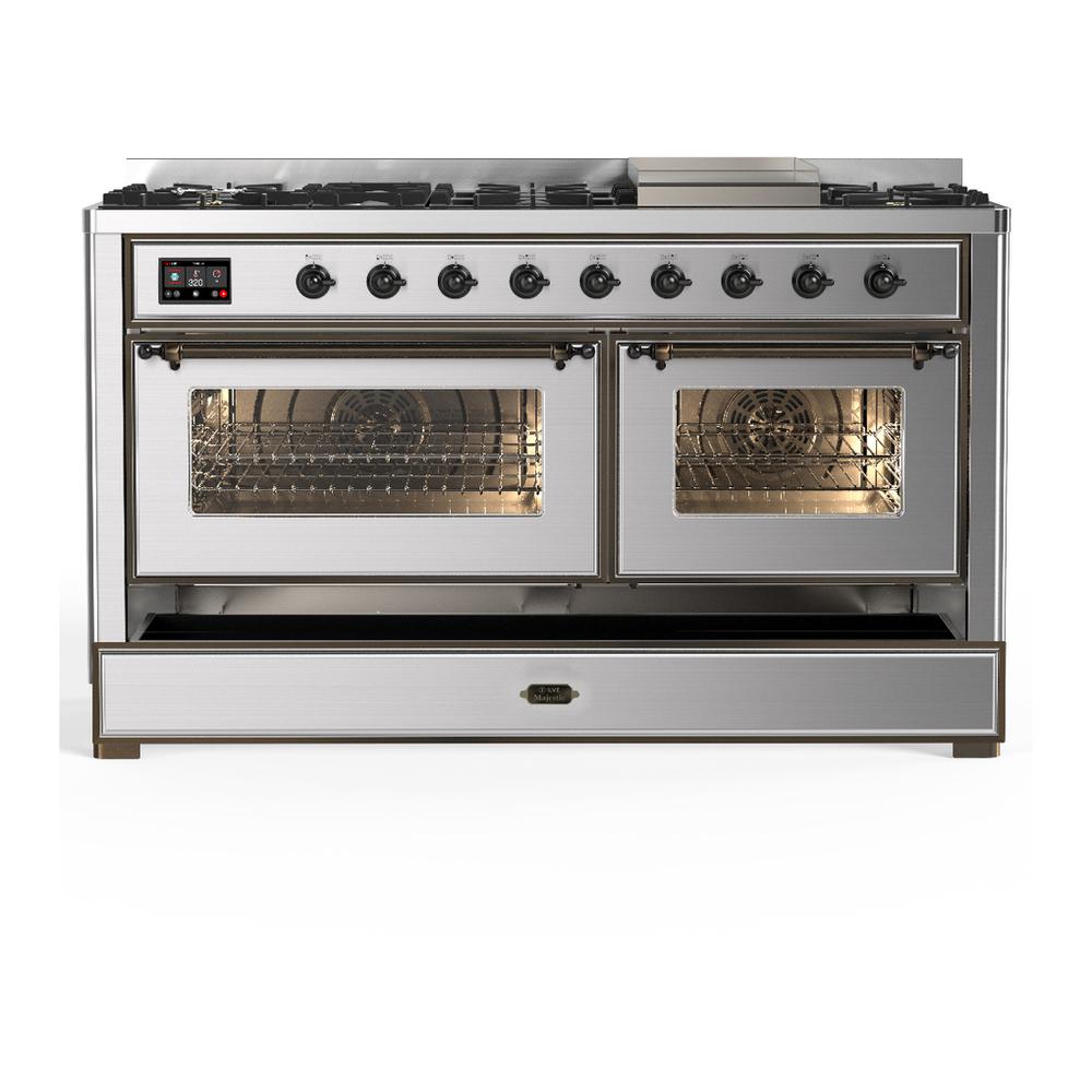 ILVE UM60FNR3SSB Majestic III 60 inch Dual Fuel Range with 9 Burners and Griddle, Dual Function Burner up to 25,000 BTU (Natural Gas, Triple Glass Door, Stainless Steel, Burnished)
