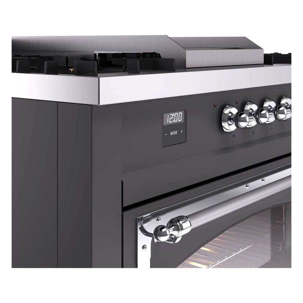 ILVE UN60FSNMPMGCLP Nostalgie II Noblesse 60 inch Dual Fuel Range (7 Sealed Burners + Griddle + French Top, Liquid Propane, Triple Glass Door, Graphite Matte, Chrome)
