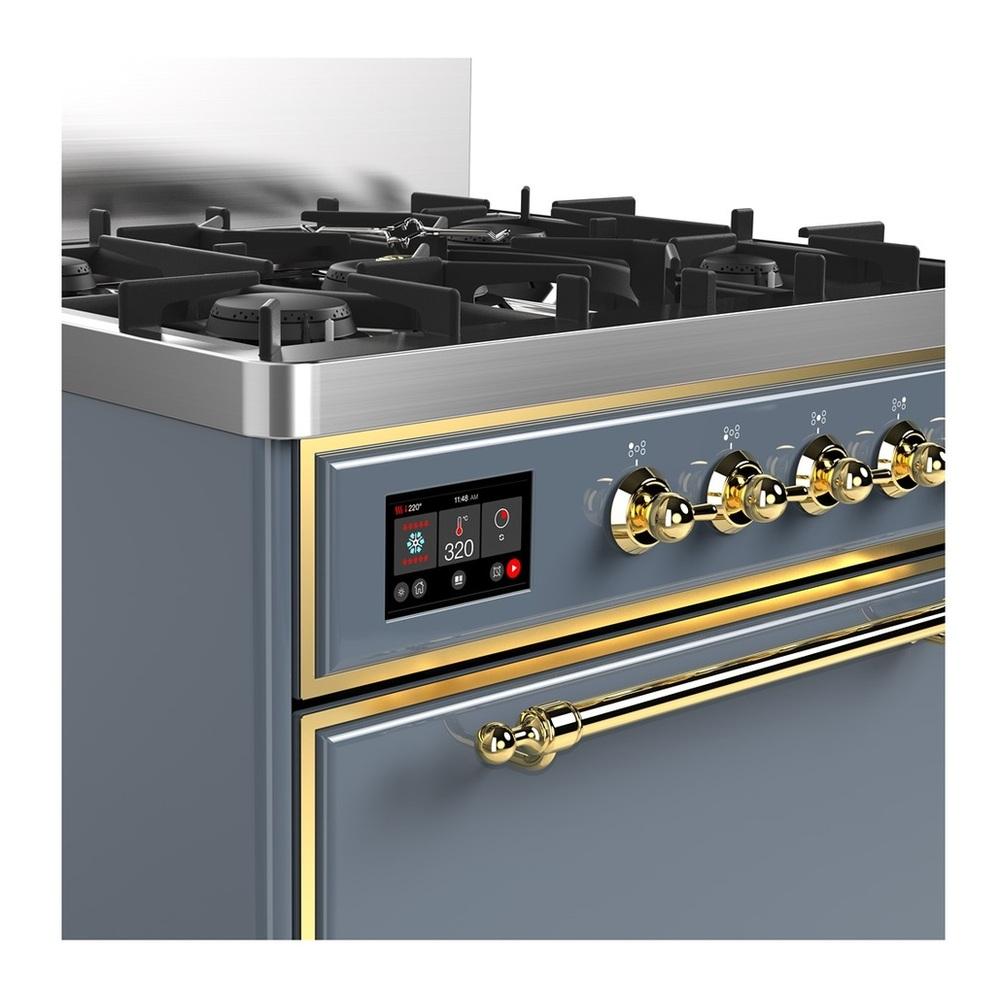 ILVE UM30QNR3BGG Majestic III 30 inch Dual Fuel Range with 5 Black Brass Burners, Dual Function Burner up to 25,000 BTU (Natural Gas, Solid Door, Blue Grey, Brass)