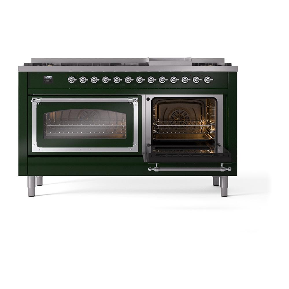 ILVE UN60FNMPEGC Nostalgie II Noblesse 60 inch Dual Fuel Range (9 Sealed Burners + Griddle, Natural Gas, Triple Glass Door, Emerald Green, Chrome)