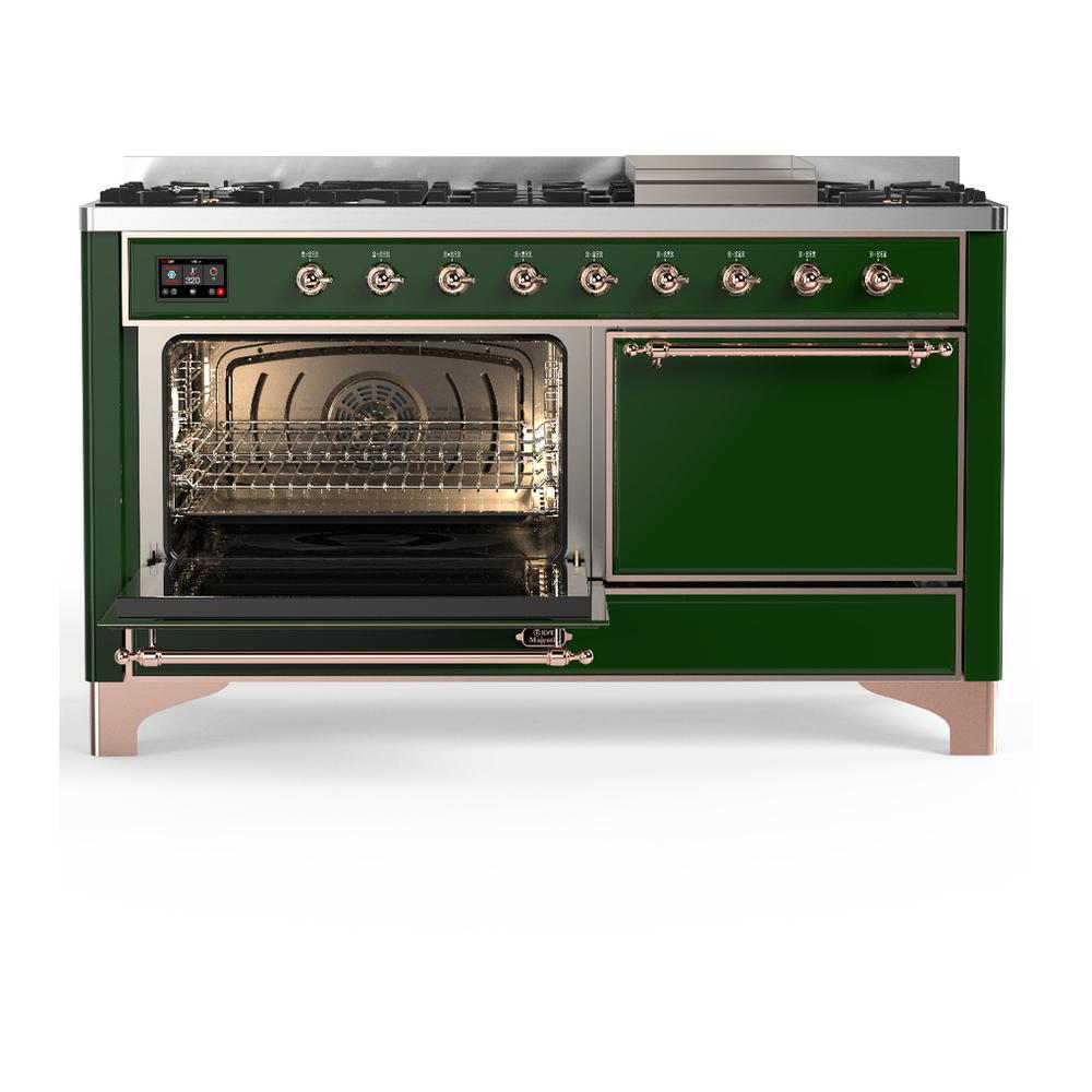 ILVE UM60FQNR3EGP Majestic III 60 inch Dual Fuel Range with 9 Burners and Griddle, Dual Function Burner up to 25,000 BTU (Natural Gas, Solid Door, Emerald Green, Copper)
