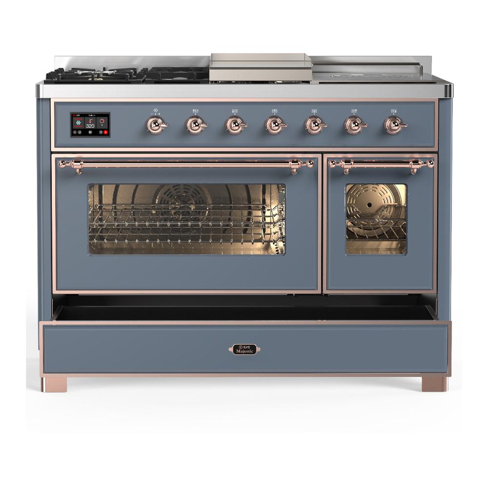 ILVE UM48FSNR3BGP Majestic III 48 inch Dual Fuel Range with 5 Black Brass Burners, Griddle and French Top, Dual Function Burner up to 25,000 BTU (Natural Gas, Triple Glass Door, Blue Grey, Copper)