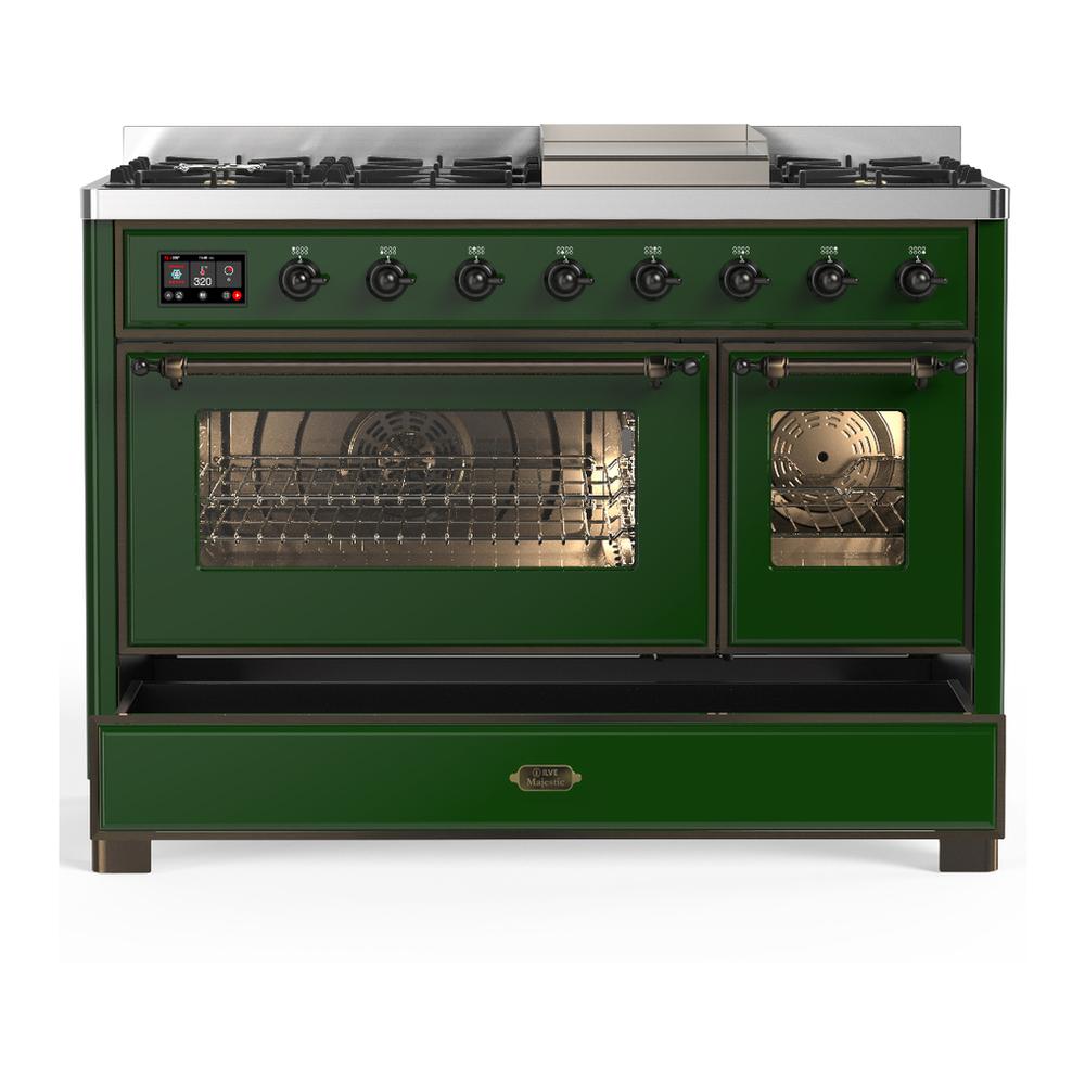 ILVE UM48FNR3EGB Majestic III 48 inch Dual Fuel Range with 8 Burners and Griddle, Dual Function Burner up to 25,000 BTU (Natural Gas, Triple Glass Door, Emerald Green, Burnished)