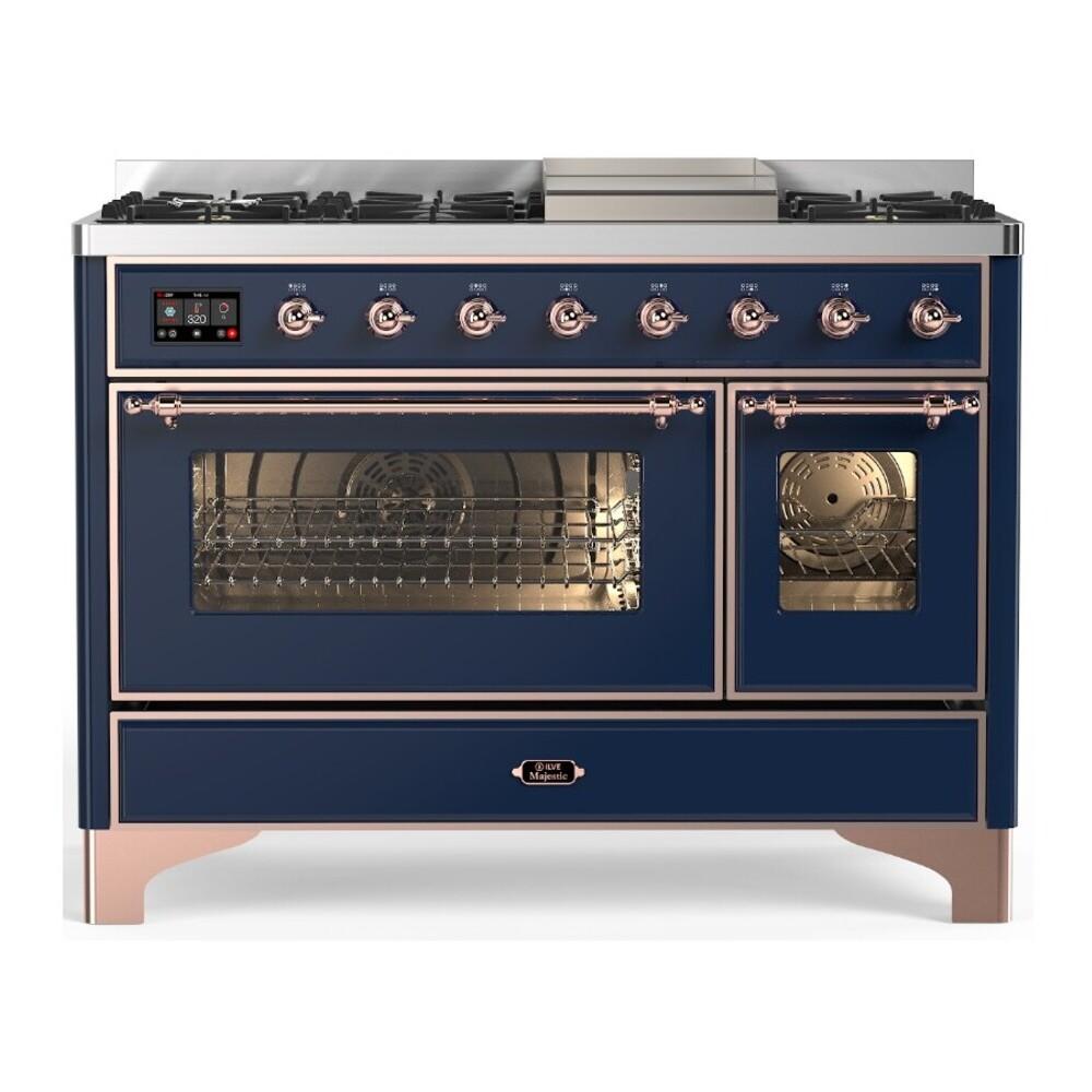 ILVE UM48FNR3MBPLP Majestic III 48 inch Dual Fuel Range with 8 Burners and Griddle, Dual Function Burner up to 25,000 BTU (Liquid Propane, Triple Glass Door, Midnight Blue, Copper)