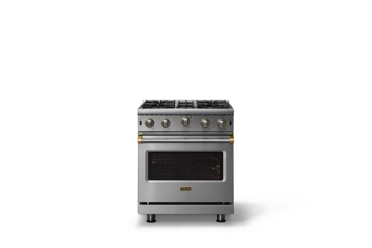 30"W. Open Burner Gas Range (Finish: Stainless Steel, Trim: Brushed Brass, Fuel: Natural Gas)