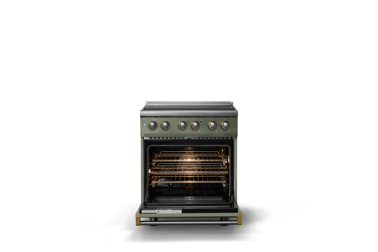 30"W. Induction Range (Finish: Eucalyptus, Trim: Brushed Brass)