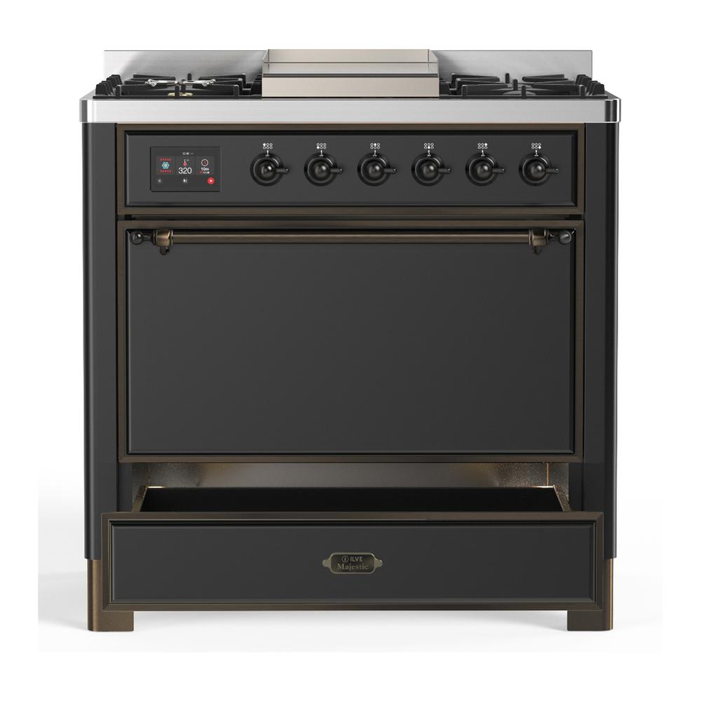 ILVE UM36FQNR3MGBLP Majestic III 36 inch Dual Fuel Range with 6 Black Brass Burners and Griddle, Dual Function Burner up to 25,000 BTU (Solid Door, Graphite Matte, Burnished, Liquid Propane)