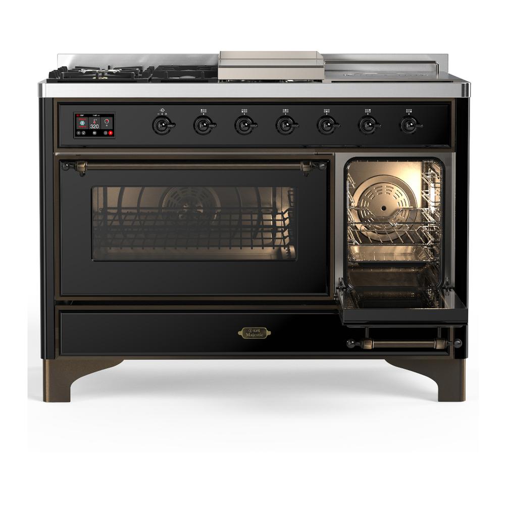 ILVE UM48FSNR3BKB Majestic III 48 inch Dual Fuel Range with 5 Black Brass Burners, Griddle and French Top, Dual Function Burner up to 25,000 BTU (Natural Gas, Triple Glass Door, Glossy Black, Burnished)