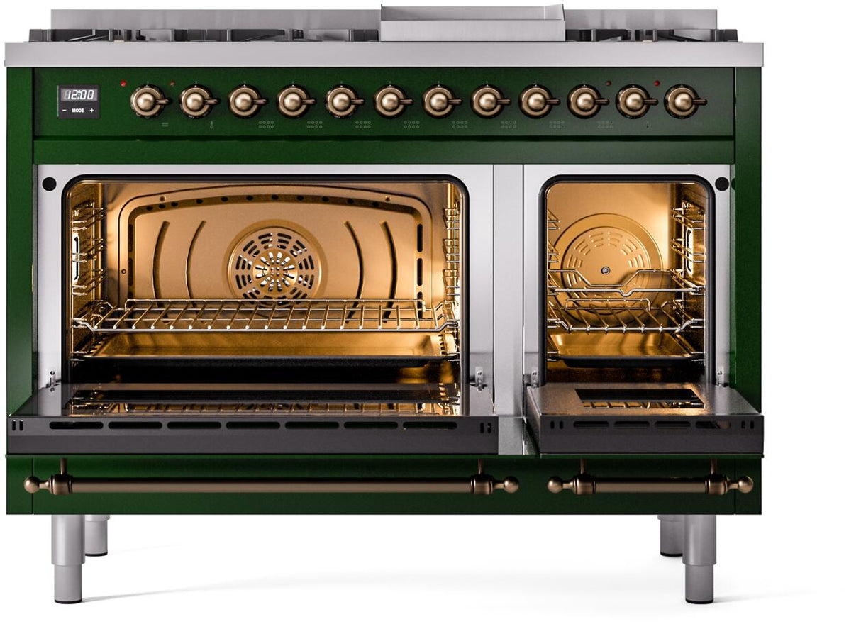 Nostalgie II 48 Inch Dual Fuel Natural Gas Freestanding Range in Emerald Green with Bronze Trim