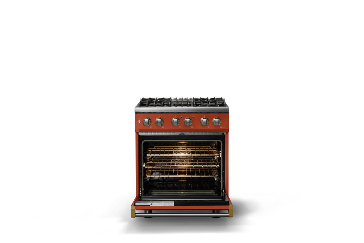 30"W. Dual Fuel Range (Finish: Spiced Cider, Trim: Brushed Brass, Fuel: Propane)