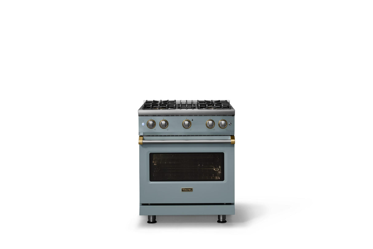 30"W. Sealed Burner Gas Range (Finish: November Sky, Trim: Brushed Brass, Fuel: Propane)