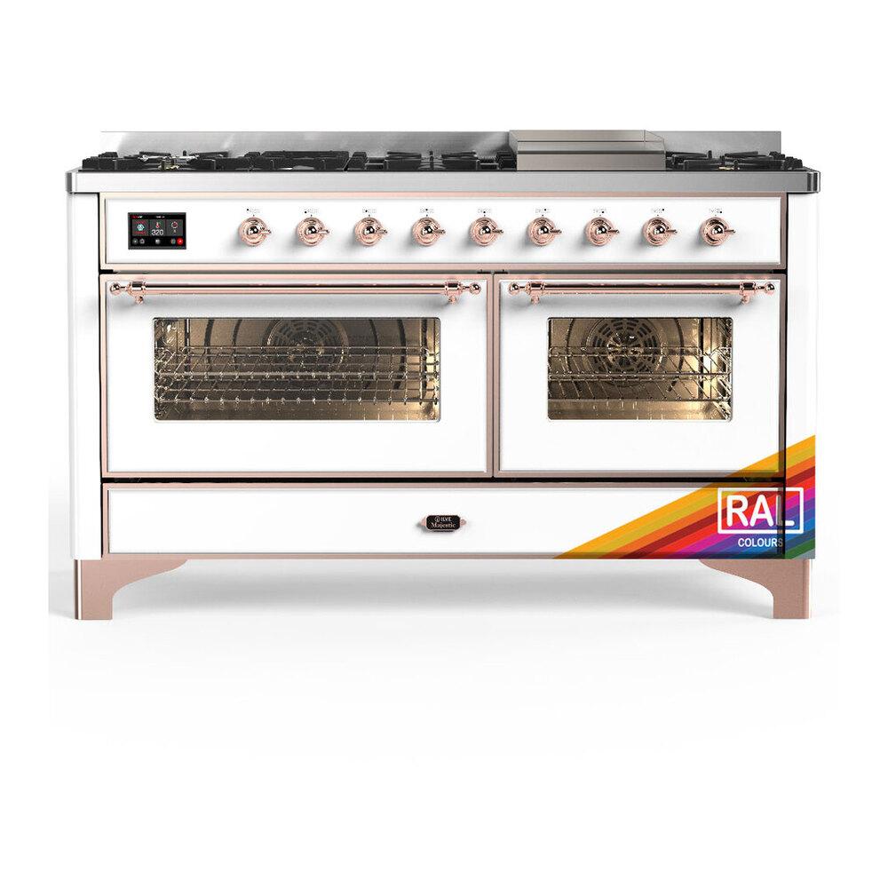 ILVE UM60FNR3RAPLP Majestic III 60 inch Dual Fuel Range with 9 Burners and Griddle, Dual Function Burner up to 25,000 BTU (Liquid Propane, Triple Glass Door, RAL, Copper)