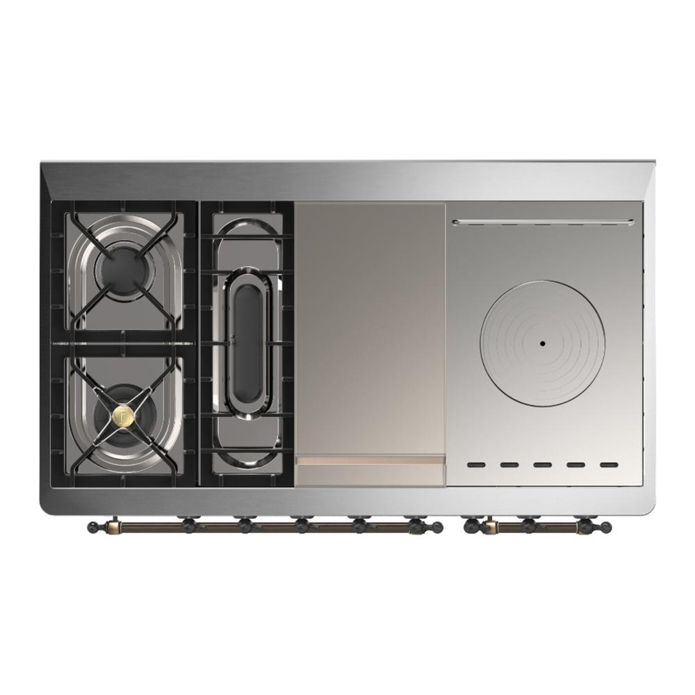 ILVE UM48FSNR3BUBLP Majestic III 48 inch Dual Fuel Range with 5 Black Brass Burners, Griddle and French Top, Dual Function Burner up to 25,000 BTU (Liquid Propane, Triple Glass Door, Burgundy, Burnished)