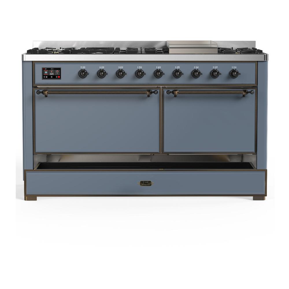 ILVE UM60FQNR3BGBLP Majestic III 60 inch Dual Fuel Range with 9 Burners and Griddle, Dual Function Burner up to 25,000 BTU (Liquid Propane, Solid Door, Blue Grey, Burnished)
