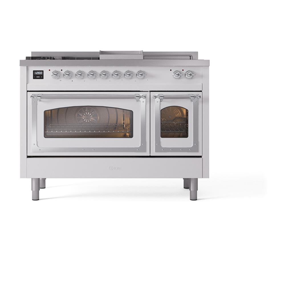 ILVE UN48FSNMPRAC Nostalgie II Noblesse 48 inch Dual Fuel Range (5 Sealed Burners + Griddle + French Top, Natural Gas, Triple Glass Door, RAL, Chrome)