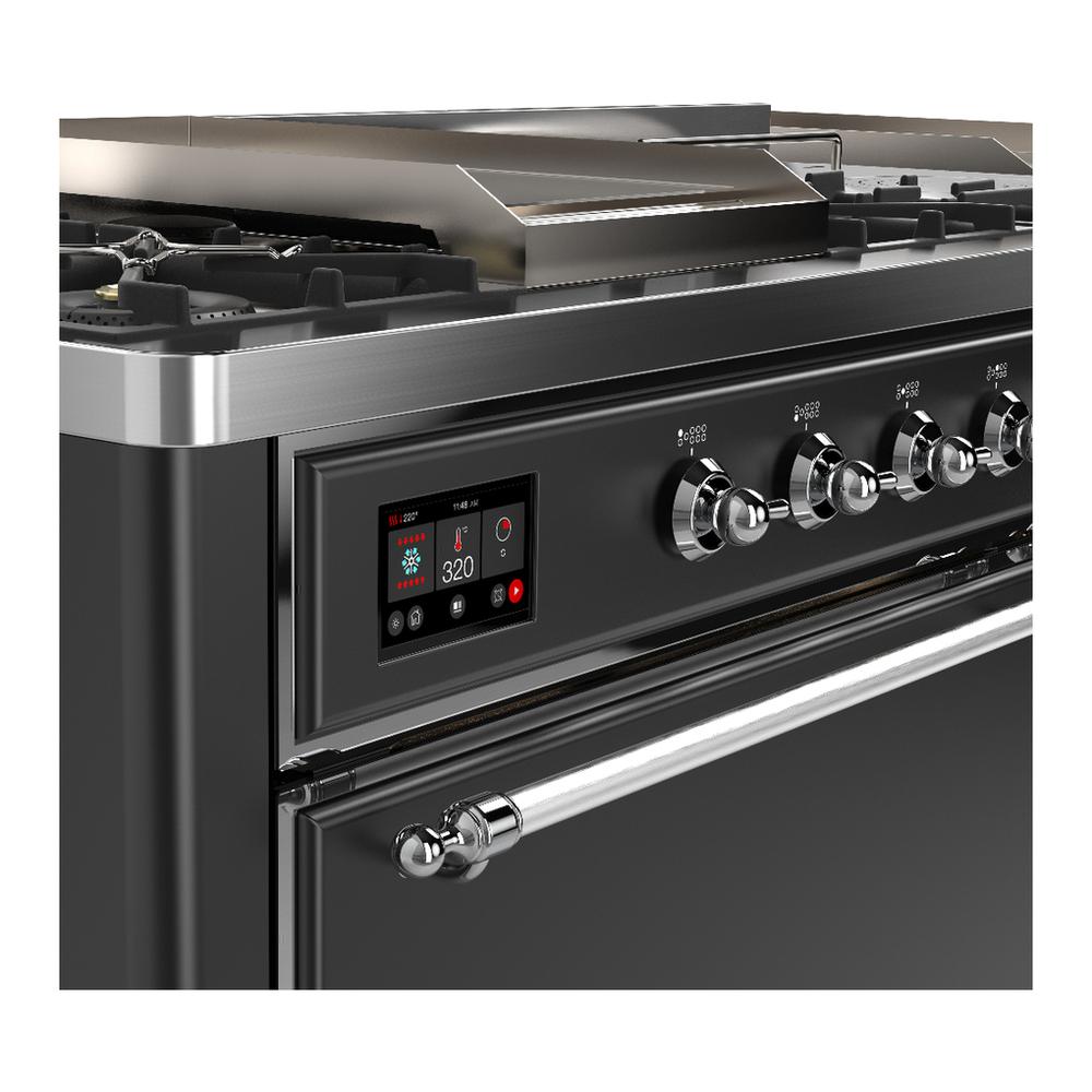 ILVE UM60FSQNR3MGCLP Majestic III 60 inch Dual Fuel Range with 7 Burners, Griddle and French Top, Dual Function Burner with up to 25,000 BTU (Liquid Propane, Solid Door, Graphite Matte, Chrome)