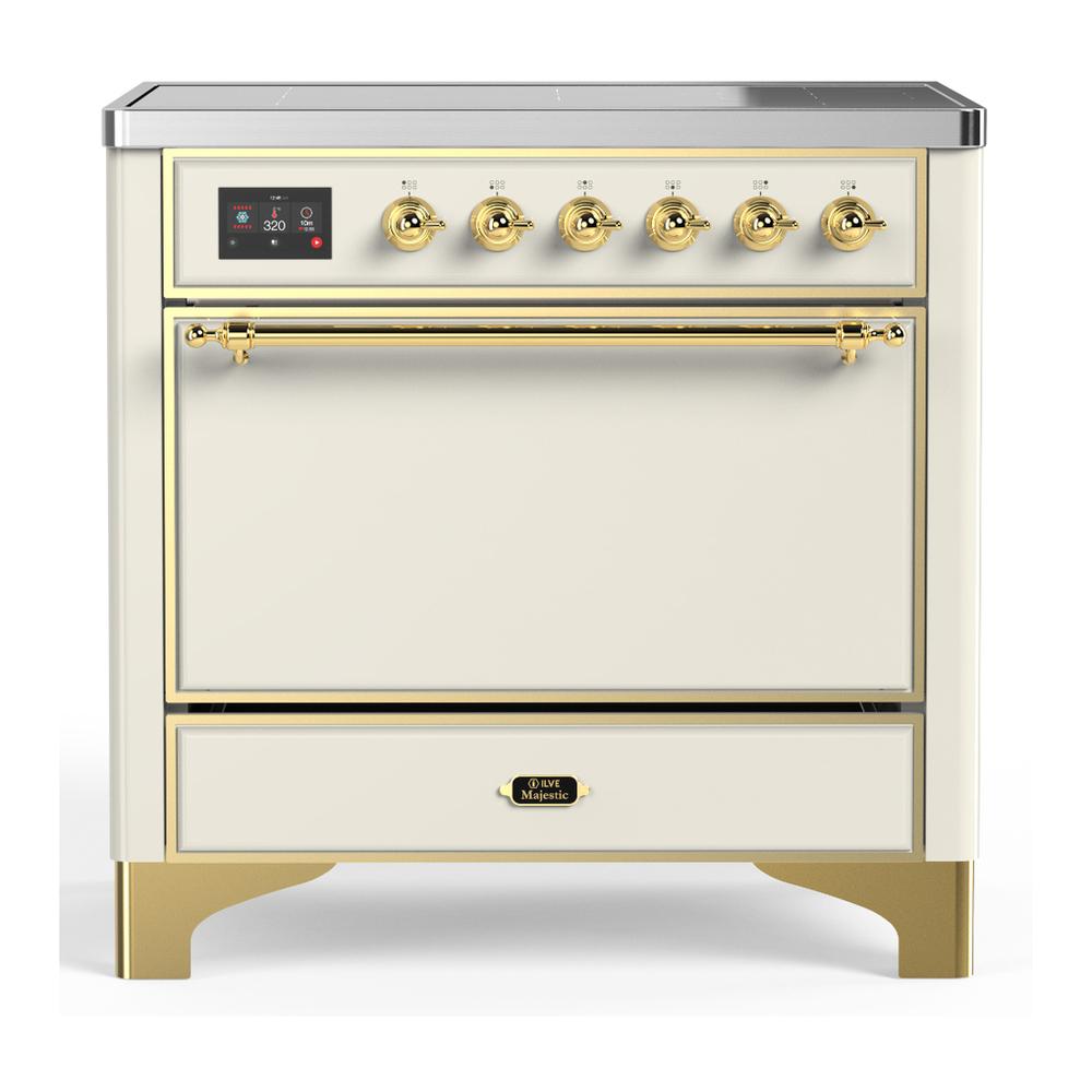 ILVE UMIB36QNR3AWG Majestic III 36 inch Induction Range with 6 Elements, 3.5 cu. ft. Total Oven Capacity (Solid Door, Antique White, Brass)