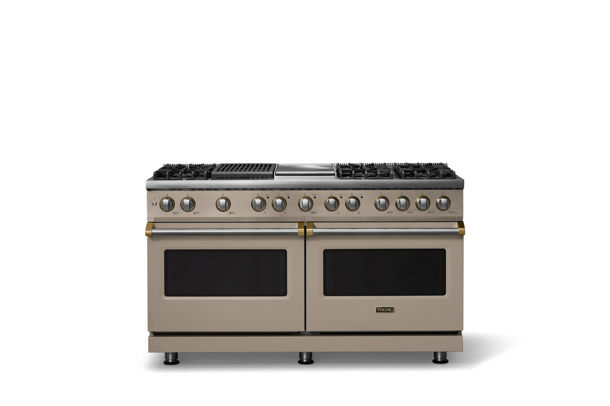60"W.Dual Fuel Range (Finish: Nantucket, Trim: Brushed Brass, Fuel: Natural Gas)