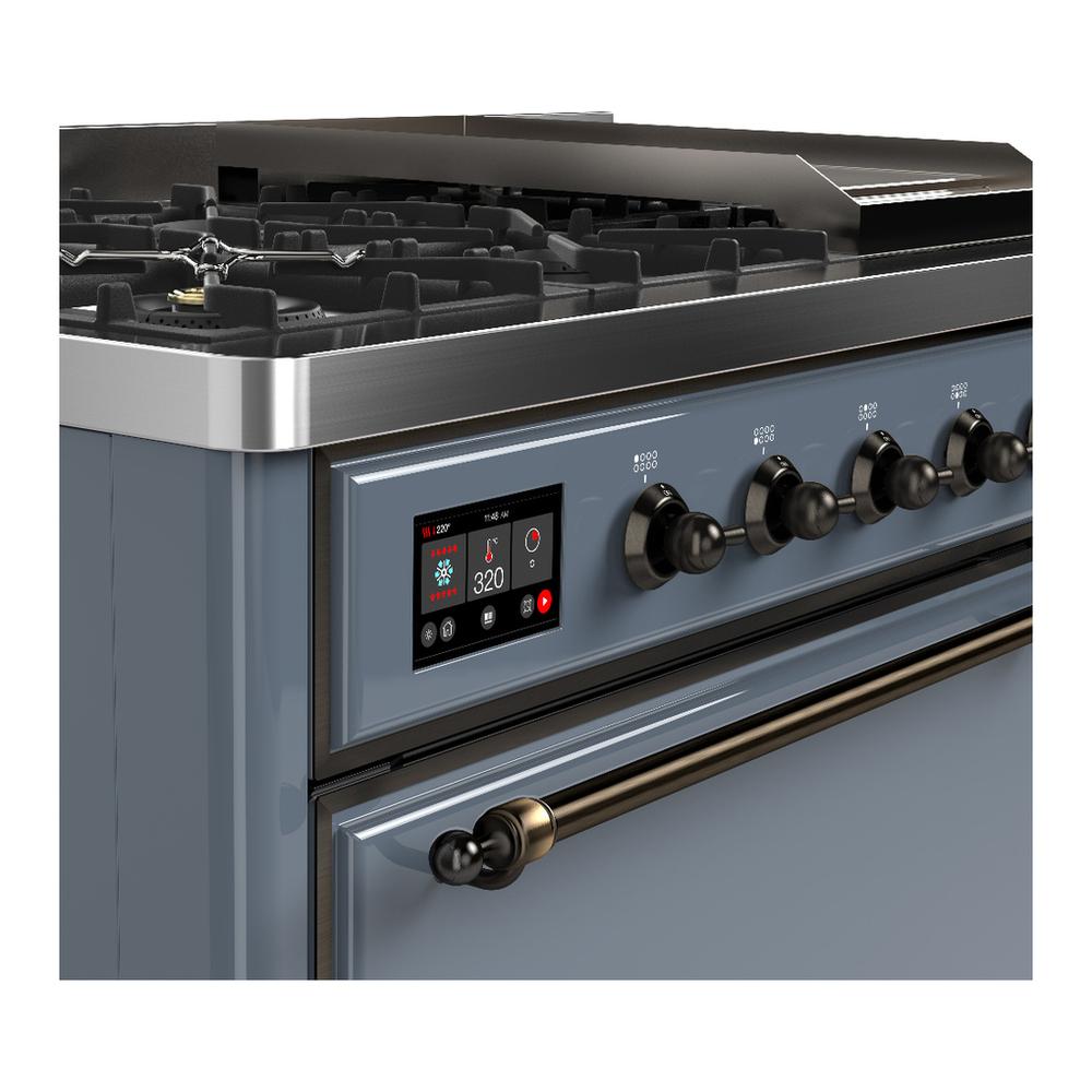 ILVE UM48FQNR3BGB Majestic III 48 inch Dual Fuel Range with 8 Burners and Griddle, Dual Function Burner up to 25,000 BTU (Natural Gas, Solid Door, Blue Grey, Burnished)