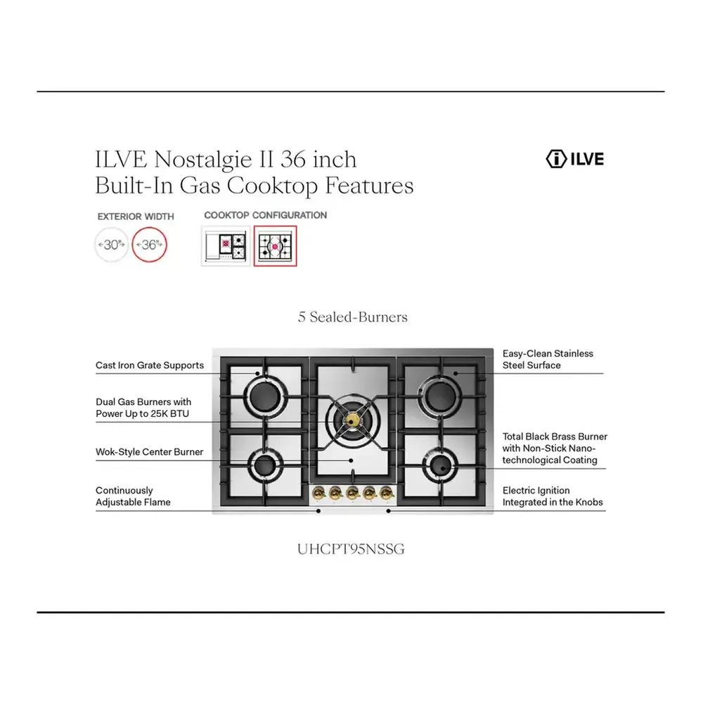 ILVE UHCPT95NSSC Nostalgie II 36 inch Built-In Gas Cooktop with Total Black Brass Burners, in Stainless Steel (5 Sealed Burners, Natural Gas, Chrome)