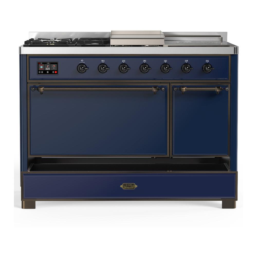 ILVE UM48FSQNR3MBB Majestic III 48 inch Dual Fuel Range with 5 Black Brass Burners, Griddle and French Top, Dual Function Burner up to 25,000 BTU (Natural Gas, Solid Door, Midnight Blue, Burnished)