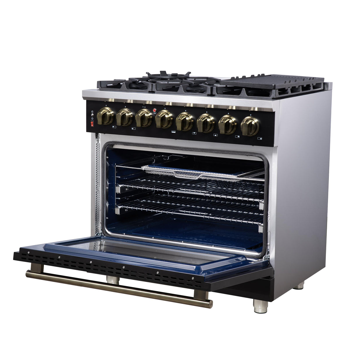 Forno Massimo 36 Inch Freestanding Dual Fuel Range in Black with Antique Brass Accessories, 6 Burners, 5.36 cu. ft. Convection Oven