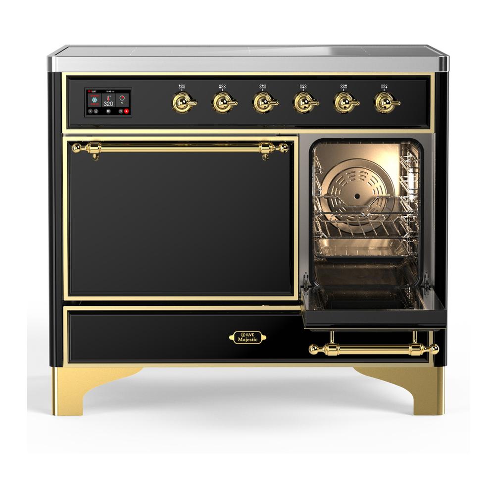 ILVE UMDIB40QNR3BKG Majestic III 40 inch Induction Range with 6 Elements, 3.82 cu. ft. Total Oven Capacity (Solid Door, Glossy Black, Brass)