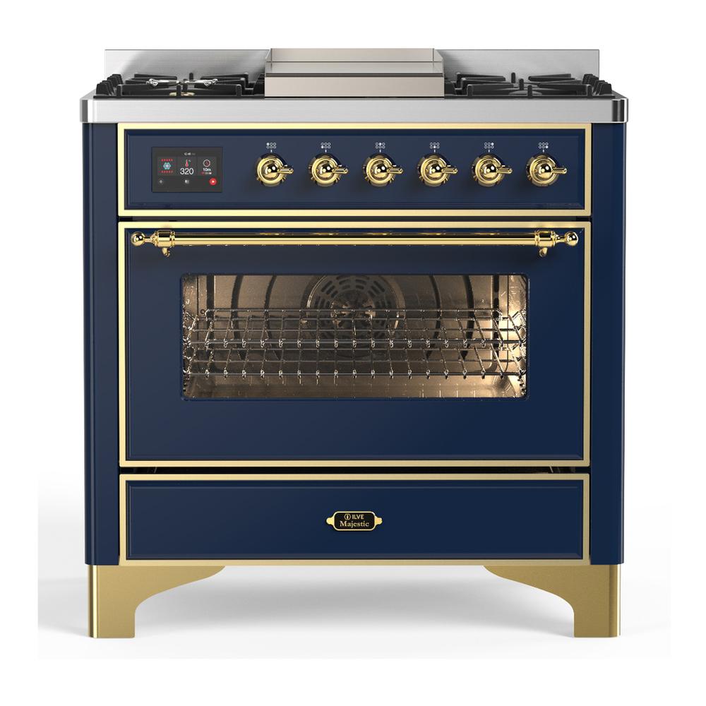 ILVE UM36FNR3MBGLP Majestic III 36 inch Dual Fuel Range with 6 Black Brass Burners and Griddle, Dual Function Burner up to 25,000 BTU (Triple Glass Door, Midnight Blue, Brass, Liquid Propane)