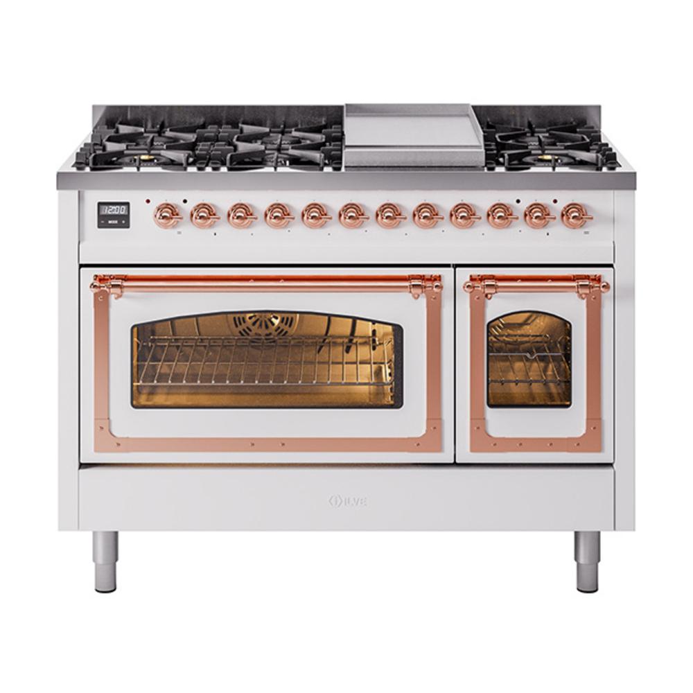 ILVE UN48FNMPWHPLP Nostalgie II Noblesse 48 inch Dual Fuel Range (8 Sealed Burners + Griddle, Liquid Propane, Triple Glass Door, White, Copper)