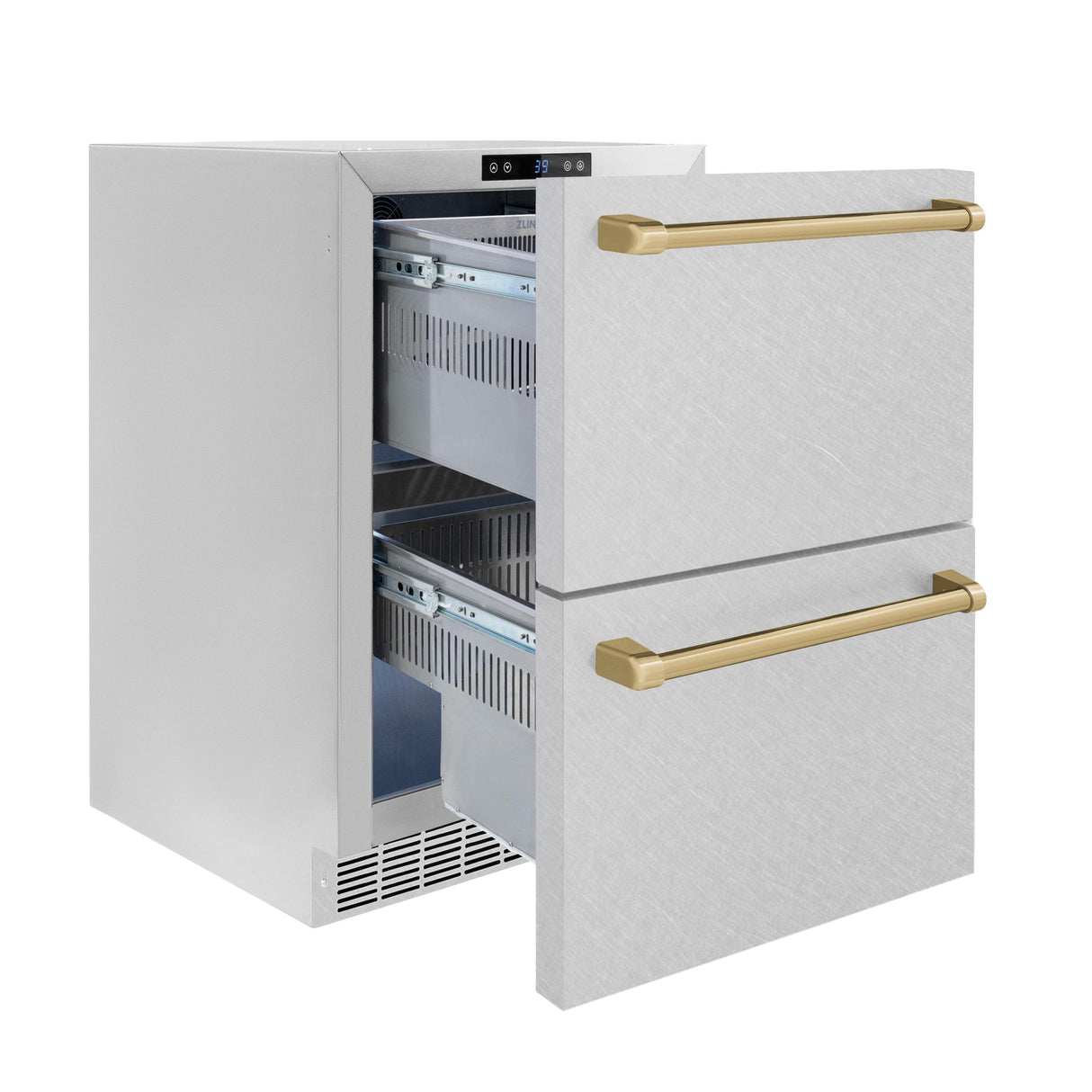 ZLINE Autograph Edition 24 in. Touchstone 168 Can Outdoor-Rated Dual Refrigerator Drawer with DuraSnow' Stainless Steel Doors and Champagne Bronze Handles (RDSOZ-SN-24-CB)