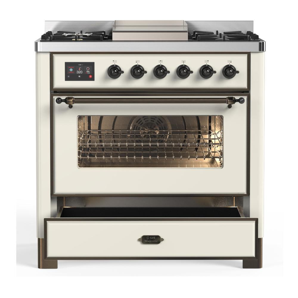 ILVE UM36FNR3AWB Majestic III 36 inch Dual Fuel Range with 6 Black Brass Burners and Griddle, Dual Function Burner up to 25,000 BTU (Triple Glass Door, Antique White, Burnished, Natural Gas)