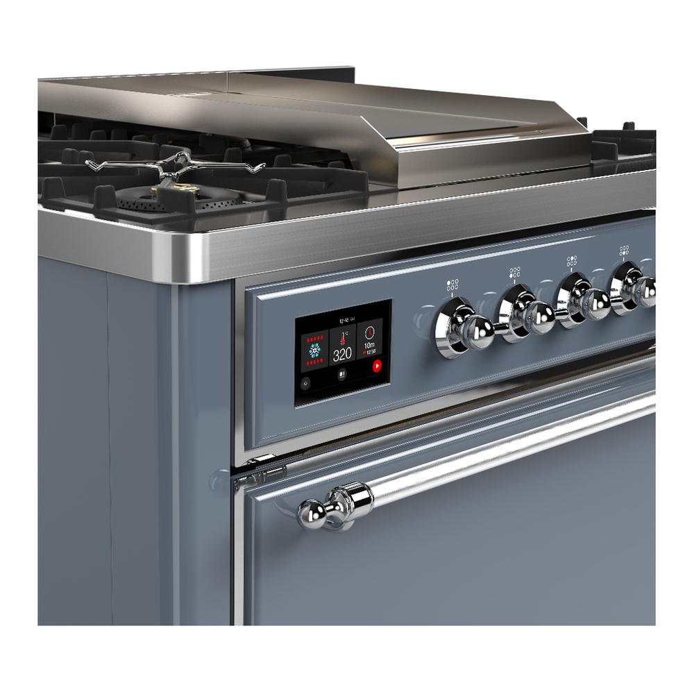ILVE UM36FQNR3BGC Majestic III 36 inch Dual Fuel Range with 6 Black Brass Burners and Griddle, Dual Function Burner up to 25,000 BTU (Solid Door, Blue Grey, Chrome, Natural Gas)
