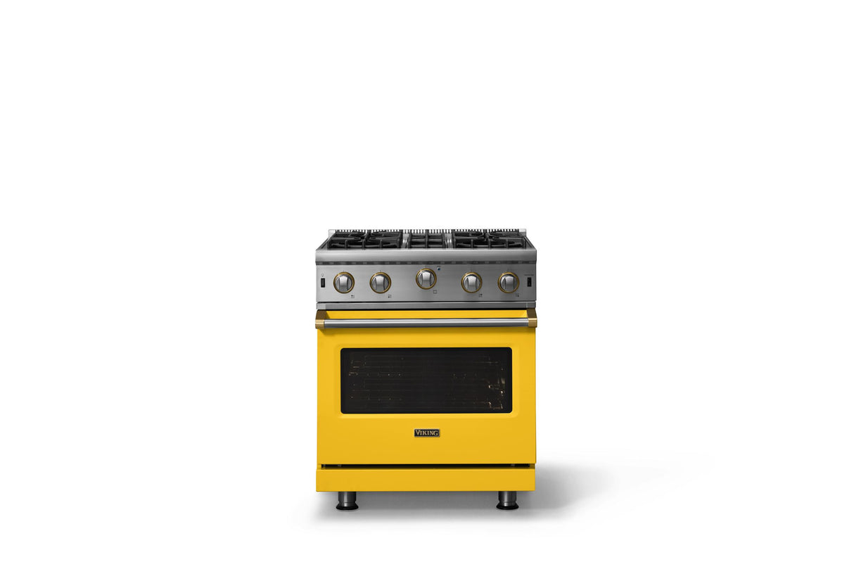 30"W. Open Burner Gas Range (Finish: Daffodil, Trim: Brushed Brass, Fuel: Natural Gas)