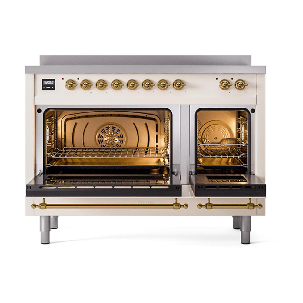 ILVE UNI486QNMPAWG Nostalgie II Noblesse 48 inch Induction Range (Solid Door, Antique White, Brass)